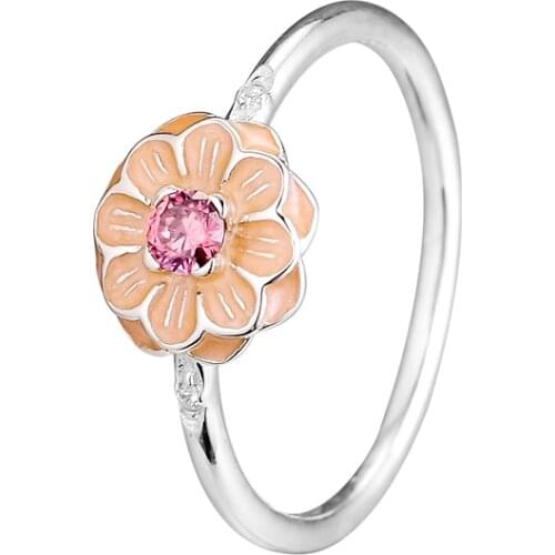 CKK 925 Sterling Silver Blooming Dahlia, Cream Enamel, Blush Pink Crystals Rings European Style DIY Jewelry