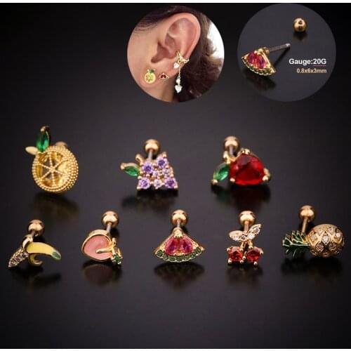 HONGTU 1PC New Fruit Crystal Barbell Helix Tragus Stud Piercings Jewelry 20G Surgical Steel Ear Cartilage Stud Earrings Women