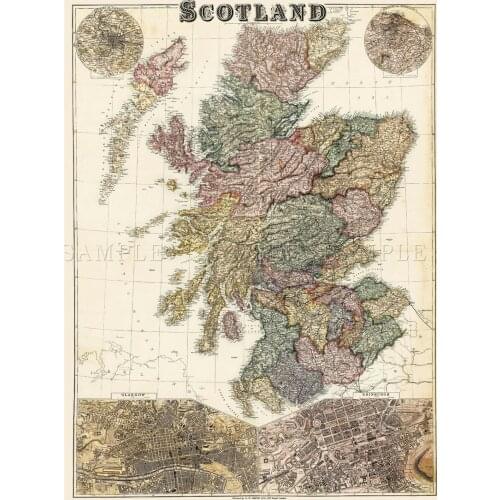 MAP ANTIQUE BACON SCOTLAND GLASGOW EDINBURGH Art Silk Poster Home Wall Decor