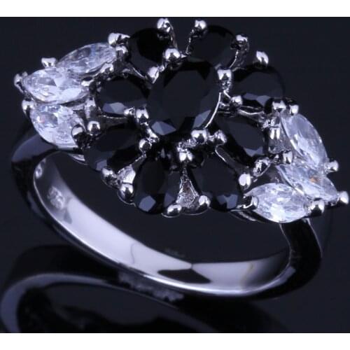 Resplendent Flower Black Cubic Zirconia White CZ Silver Plated Ring V0639