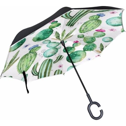 Creative Cactus Strong Windproof Reverse Folding Double Layer Inverted Umbrella Self Stand Inside Out Rain/Sun Umbrella C-Hook