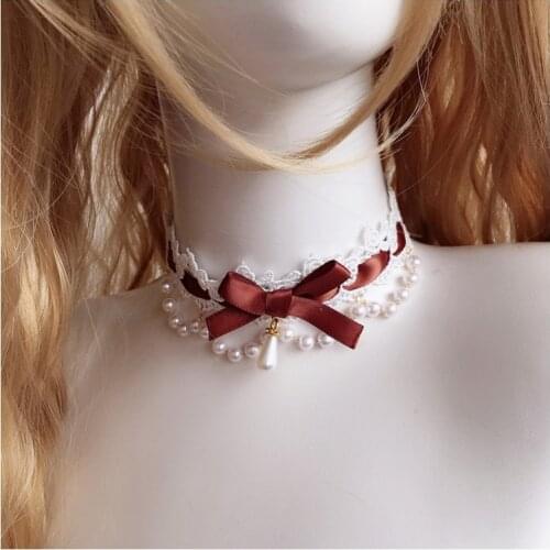 DDLG Lace Choker Necklace Adult Baby Girl Punk Gothic Loli Handmade Collar With Bowknot Pearl Necklace Daddy Daughter