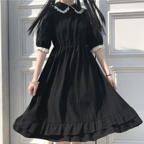 Japanese College Style Summer Dress Sweet Peter Pan Collar Kawaii Lace Ruffles Dress Short Sleeve Mori Girl Black Woman Dress
