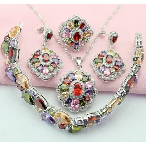 Fashion Mult-Color Stone Silver Color Jewelry Sets For Women Drop Earrings Bracelet Pendant Ring Christmas Gift Free Gift Box