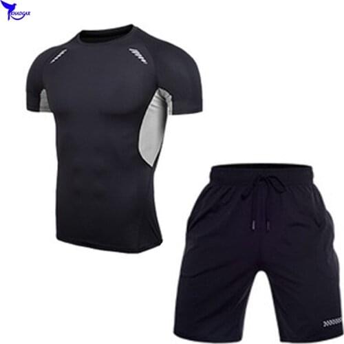 2pcs Mens Compression Running Jogging Suit Short Sleeve Mesh Spliced Sports Set Clothing Dry Fit Gym Fitness Workout Sportswear