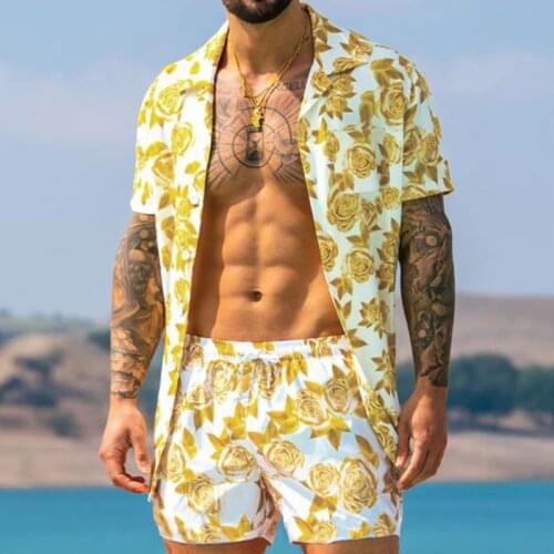 2021 Summer Men Beach Printing Lapel With Short Sleeves Button Shirt Beach Shorts Streetwear Casual Mens Suit 2 Pieces