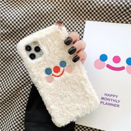 Cute White Smiling Plush Phone Case For Iphone 11 12 Pro Max 6 7 8 X XS Max XR SE2 Autumn And Winter Shockproof Full Case Cover