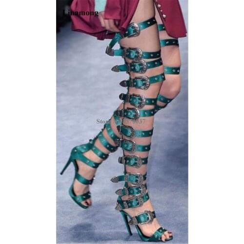 Newest Women Sexy Buckles Straps Thin Heel Over Knee Rivet Gladiator Boots Pink Blue High Heel Long Sandal Boots Club Shoes