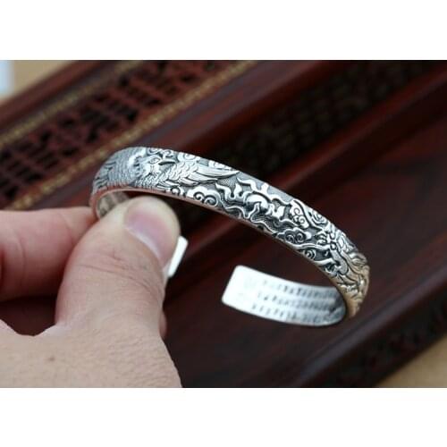 Solid 999 Sterling Silver dragon phoenix Women Men Retro Cuff Bangle Bracelet jewelry A4618