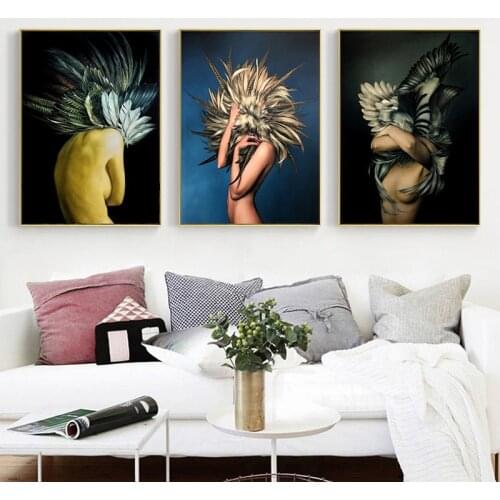 Feather Wing Home Decor Nordic Canvas Painting Wall Art Modern Picture Girl Figure Posters and Prints for Living Room Decor