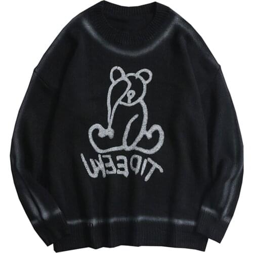 Harajuku Pullover Bear Letter Pattern Knitted Sweater Hip Hop Streetwear Retro Autu