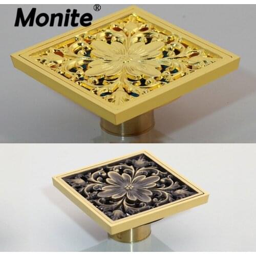Monite Bathroom Rose Golden Plated Antique Brass Gold Polish Floor Drain Art Carved Flower Bathroom Shower Square Drain Strainer