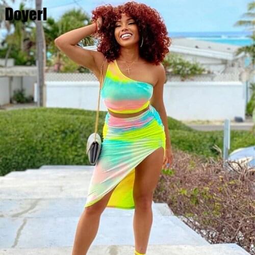 Tie Dye Sexy Two Piece Skirt and Top Set Women Vacation Outfits One Shoulder Crop Top and Ruched Midi Skirt Summer Co Ord Set