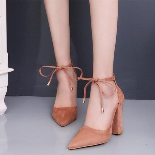 Women Pumps Sexy High Heels Shoes ladies Lace Up Point Toe Party Wedding Pump Black Woman shoes 35-43 chaussures femme