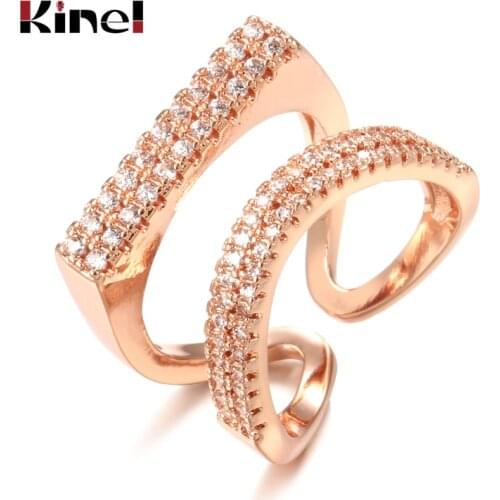 Kinel New Arrivals 585 Rose Gold Ring Double Row Micro-wax Inlay Natural Zircon Hollow Rings Women Wedding Party Fine Jewelry
