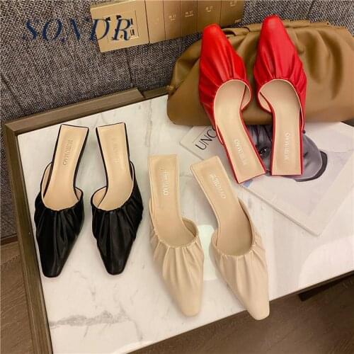 2020 Summer Women Pleated Mules Slippers Red Pointed Toe Slippers Slip Shoes Brand Designer Holidaysexy Elegant High Heel Shoes