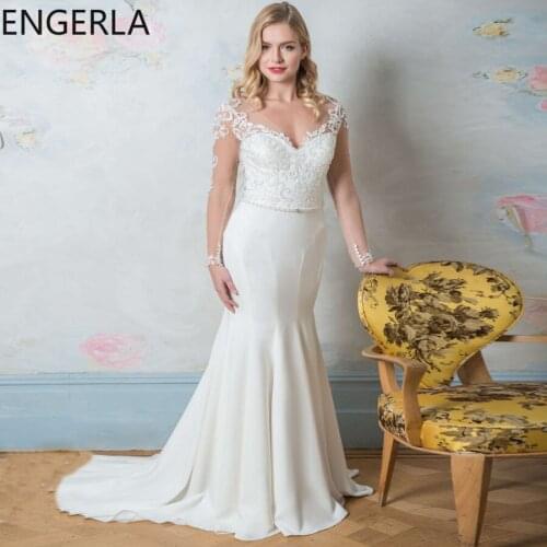 Jiayigong Sexy Long Sleeves Plus Size Wedding Dresses Mermaid V-neck Applique See-through Back Zipper with Buttons Bridal Gowns