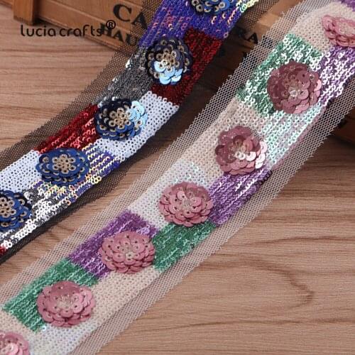 1y About 30mm Appliqued Sequins Lace Paillettes Fabric Trim Wedding Party Decor DIY Handmade Craft Garment Sewing Supplies N0710