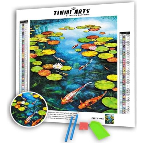 5D DIY Diamond Painting Full Round Drill Lotus Leaf and Fish Mosaic Art Flower Landscape Kits Embroidery Sticker Decoration Home