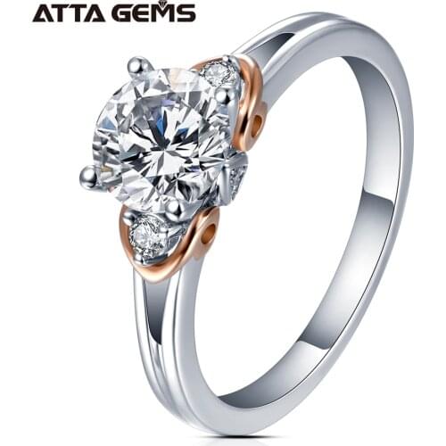 ATTAGEMS 100% 925 Sterling Silver Ring 1.0CT Round Brilliant Cut D Color VVS1 Moissanite 18K Gold Engagement Rings for Women