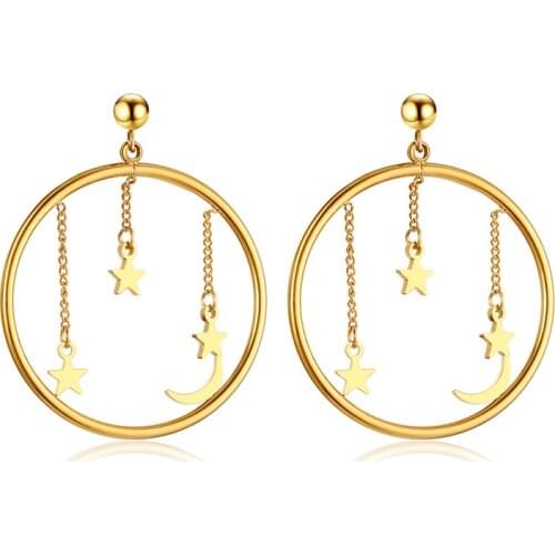 Moon and Star Big Circle Hoops Earrings for Woman Girls Geometric Design Nickel Free