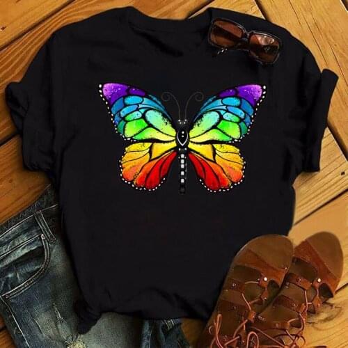 Rainbow Butterfly Printed T Shirt Women Black T Shirt 90s Ladies Cute Graphic Tee Shirt Female Woman Summer O-neck T-shirts Tops
