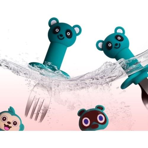 2pcs Children Spoon Fork Set Toddler Utensils Baby Feeding Stainless Steel Set Baby Feeding Training Cute Angled Spoon And Fork