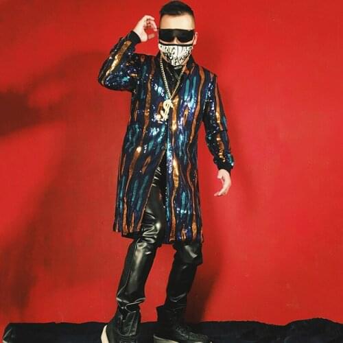 Fahion Shiny Long Coat Nightclub Costume Hip Hop Clothes Jazz Dance Costume Stage Costume DJ Wear Cool Jazz Dance Wear VDB1903