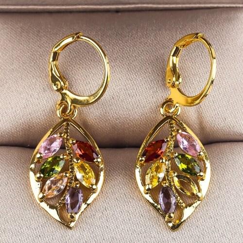Fashion Luxury Gold Color Leaves Inlaid with Colored Stones Earring Exquisite Lady Drop Earring Jewelry for Women Party Gift