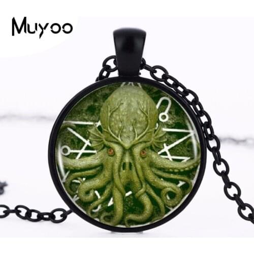 New Arrival Pentagram Kraken Cthulhu Pendant Necklace Glass Cabochon Long Sliver Chain Statement Necklace Fine Jewelry HZ1
