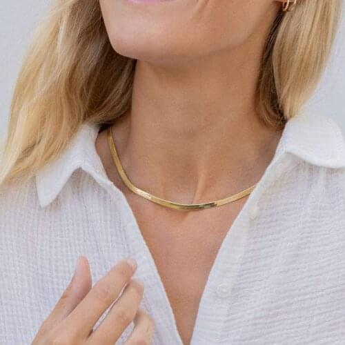 Gold Color Flat Snake Chain Link Choker Necklace for Women Bohemian Multilayer Chain Charm Necklaces Jewelry