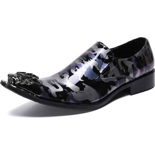 Summer Casual Mens Classic Fashion Shoes Camouflage Pointed Toe Leather Low-cut Bright Leather Retro Men Shoes Slip-On Loafer