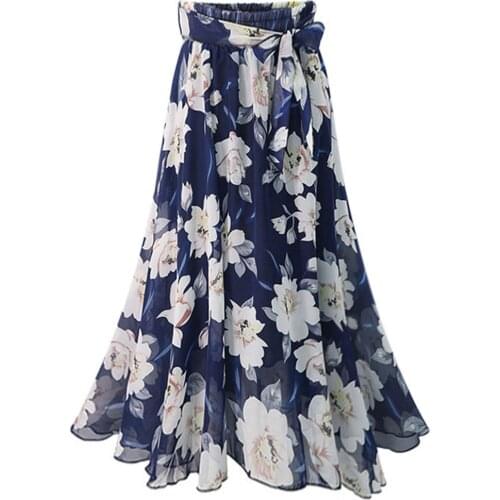 Sprint Summer Women Chiffon Skirts Print Floral A line High waist Bow Lace Up Ladies Midi Long Skirt