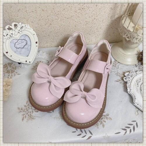 Harujuku Kawaii Girl Sweet Lolita Shoes Vintage Round Head Party Women Dress Shoes Cute Bowknot Pure Color Kawaii Shoes Loli Cos