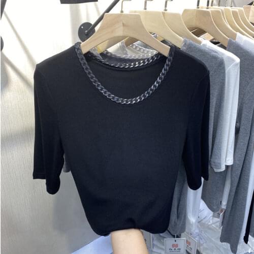 Woman TShirts Womens Round Neck Iron Chain Short-Sleeved T-shirt 2021 Spring Top Crop Top Mujer Camisetas