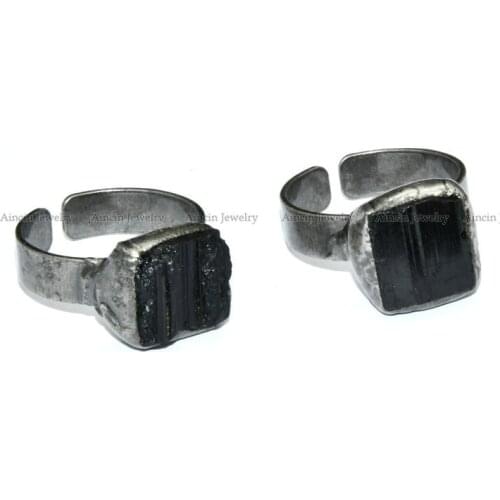Natural Black Tourmaline Antique Gun Metal Color Adjustable Women Rings 10pcs