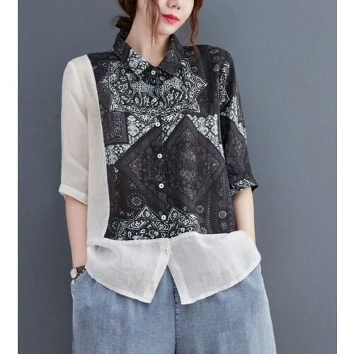 Oversized Women Cotton Linen Casual Shirts New 2021 Summer Vintage Style Patchwork Print Loose Female Half Sleeve Tops B734