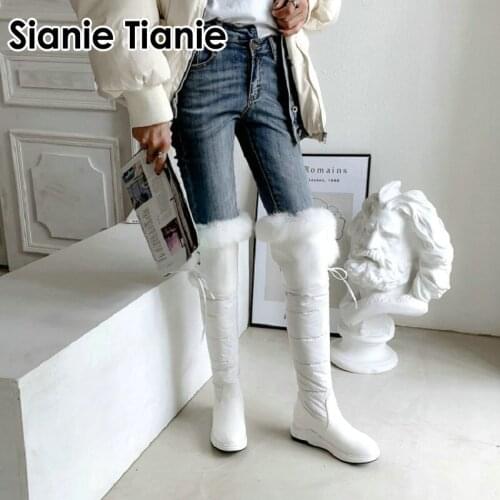 Sianie Tianie patent leather white black faux fur warm boots for women over-the-knee long boots thigh high women boots overknee