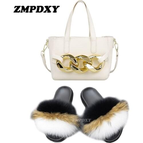 Women Fox Fur Slides With Jelly Purse Set Ladies Metal Chain Handbag Solid Color Fluffy Plush Furry Sandals Amazing Flip Flops