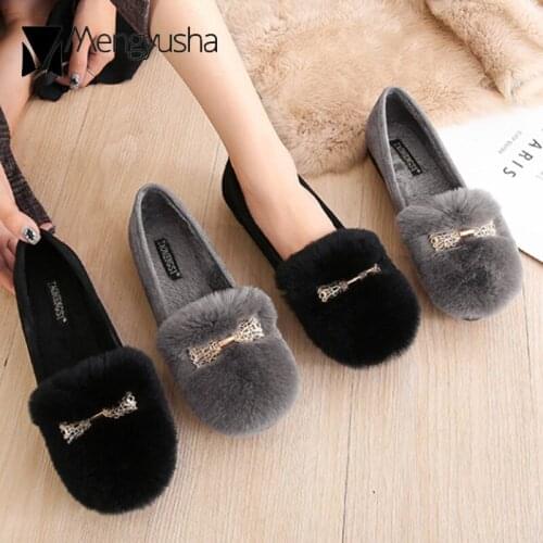 Winter Rabbit fur shoes woman big size 34-43 cotton loafers comfy plush moccasins magic wand metal decorate fluffy flats female