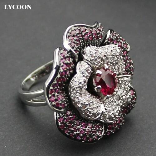 LYCOON Womans luxury brand Flower Zircon Ring Hight quality silver plated purple Austrian Cubic Zirconia rings Suit party