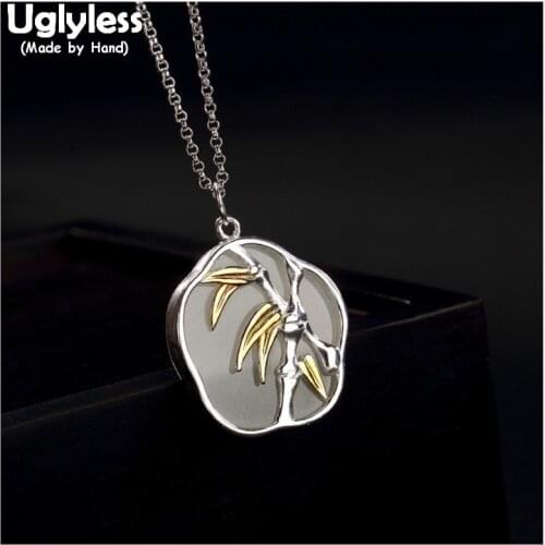 Uglyless Real 925 Sterling Silver Handmade Bamboo Necklaces for Women Jade Plum Blossom Pendants With Chains Leaf Fine Jewelry
