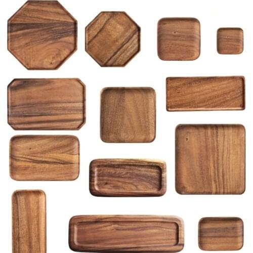 1Pcs Acacia Wood Serving Tray Square Rectangle Breakfast Sushi Snack Bread Dessert Cake Plate With Easy Carry Grooved Handle