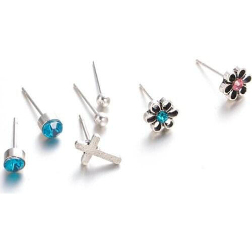 7Pcs/Set Women Earrings Flower Cross Rhinestone Ear Studs Club Party Jewelry