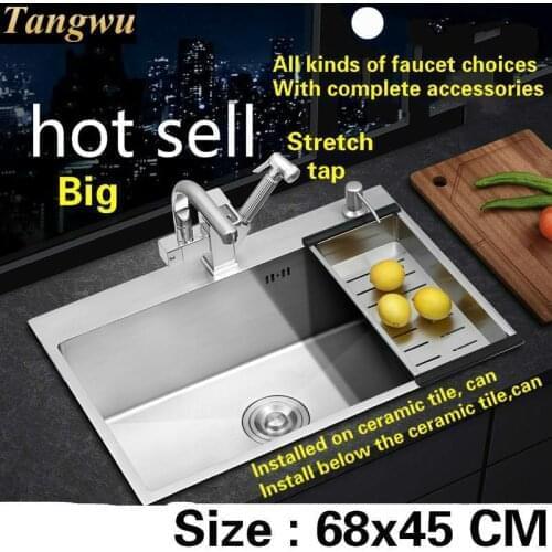 Free shipping Big kitchen sink standard mini durable 304 stainless steel 3 mm hand made single slot hot sell 68x45 cm