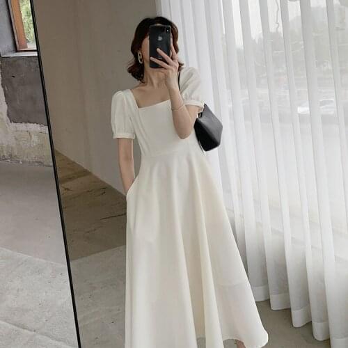 One-Piece Korean Chic White Dress Female 2021 Summer New Square Collar French Retro Puff Sleeve Elegant Party Dress Midi Dresses