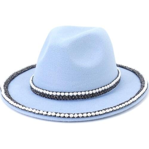 Chapeau femme Pearl chain fedoras jazz hat felt hat sombreros de mujer Fedora Hat Big Brim For Men Jazz Hat leapoard top hat