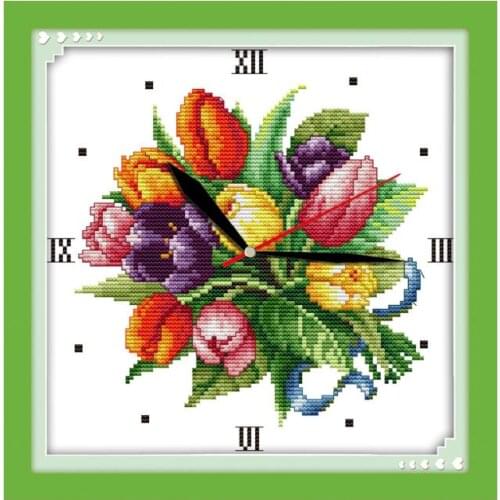 Tulip clock face cross stitch kit 14ct 11ct count print canvas wall clock stitches embroidery DIY handmade needlework plus