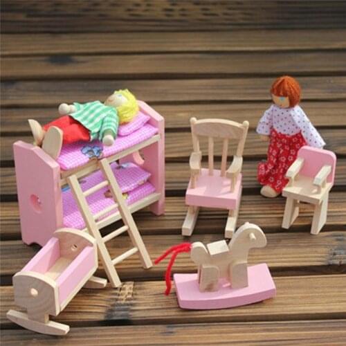 Wooden Doll Bunk Bed Sets Furniture Dollhouse Miniature for Kids Child Play Toy Educational Toy Wooden Toys Baby Birthday Gifts