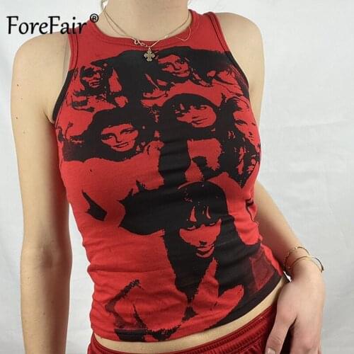 Forefair Portrait Print Vintage Y2K Tank Top Women Sleeveless Off Shoulder Basic Vest Fashion Streetwear O Neck Casual Crop Tops